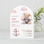 Cute Pink Teddy Bear Nautical Girl Baby Shower 招待状 (スタンド正面)