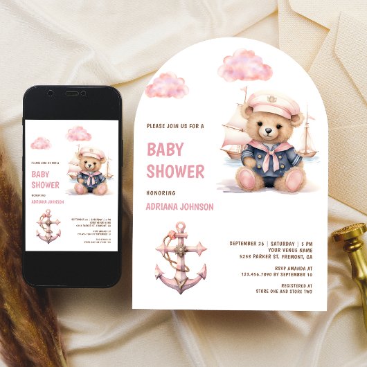 Cute Pink Teddy Bear Nautical Girl Baby Shower 招待状