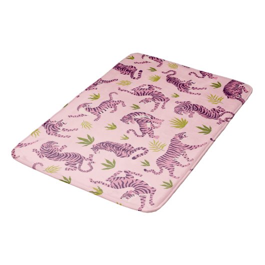 Cute Pink Tigers Tropical Leaves Abstract Animal バスマット (アングル)