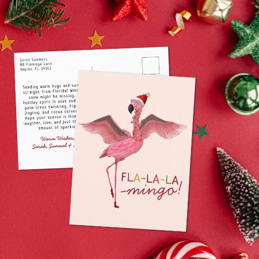 Cute Pink Tropical Florida Flamingo Christmas シーズンポストカード