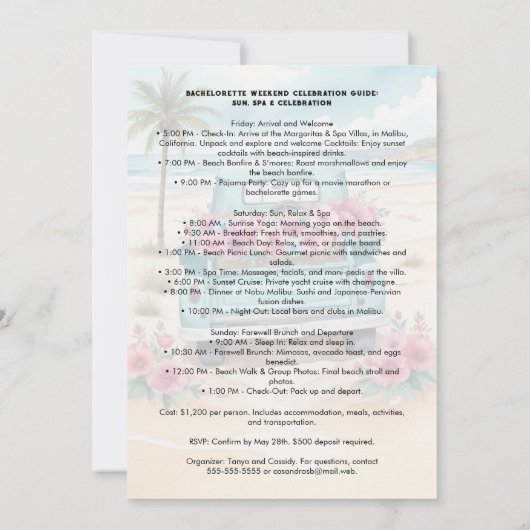 Cute Pink Turquoise Floral Van Beach Bachelorette 招待状 (裏面)