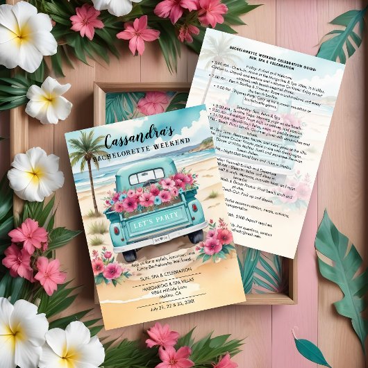 Cute Pink Turquoise Floral Van Beach Bachelorette 招待状