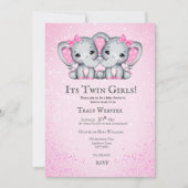 Cute, Pink Twin Baby Elephants Baby Shower  招待状 (正面)