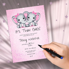 Cute, Pink Twin Baby Elephants Baby Shower 招待状