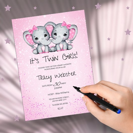 Cute, Pink Twin Baby Elephants Baby Shower  招待状