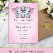 Cute, Pink Twin Baby Elephants Baby Shower  招待状