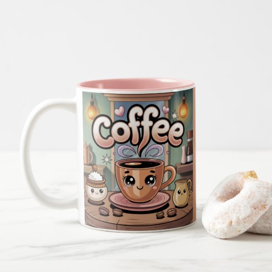 Cute Pink Two-Tone Steaming Coffee Mug ツートーンマグカップ (ドーナツ)