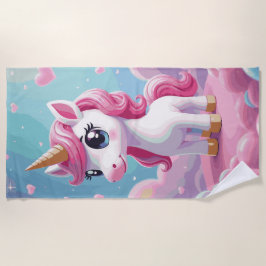 Cute Pink Unicorn Cartoon – Kawaii Fantasy Art ビーチタオル
