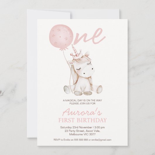 Cute Pink Unicorn First Birthday 招待状 (正面)