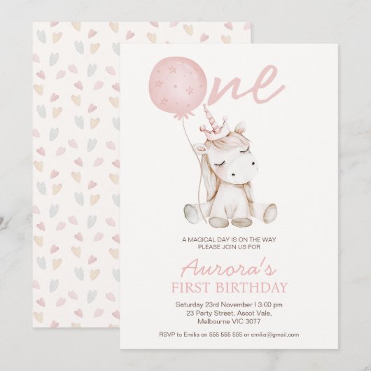 Cute Pink Unicorn First Birthday 招待状 (正面/裏面)