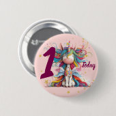 Cute Pink Unicorn Girl's Birthday 缶バッジ (正面&裏面)