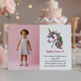 Cute Pink Unicorn Photo Kids Birthday Party 招待状