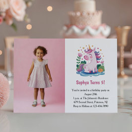 Cute Pink Unicorn Photo Kids Birthday Party 招待状