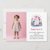 Cute Pink Unicorn Photo Kids Birthday Party 招待状 (正面)
