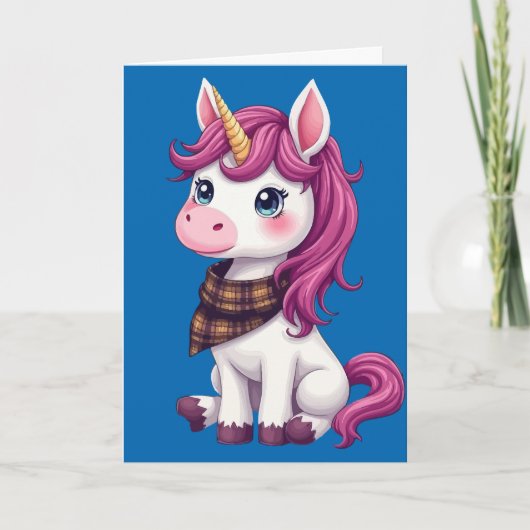 Cute Pink Unicorn Wearing A Scottish Plaid Scarf シーズンカード (正面)