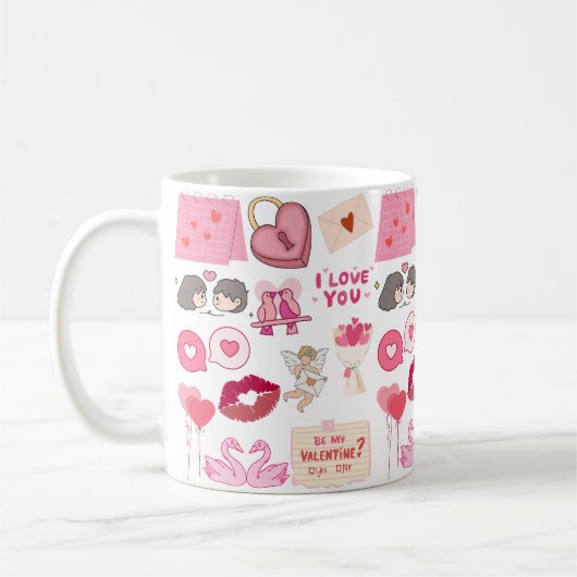 Cute Pink Valentine’s Day Love Doodles Collection コーヒーマグカップ (左)