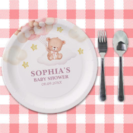 Cute Pink Watercolor Bear Baby Shower Girl ペーパープレート