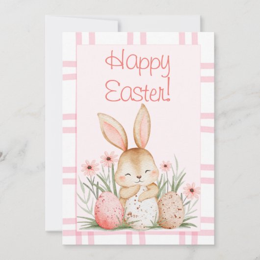Cute Pink Watercolor Bunny and Easter Eggs シーズンカード (正面)