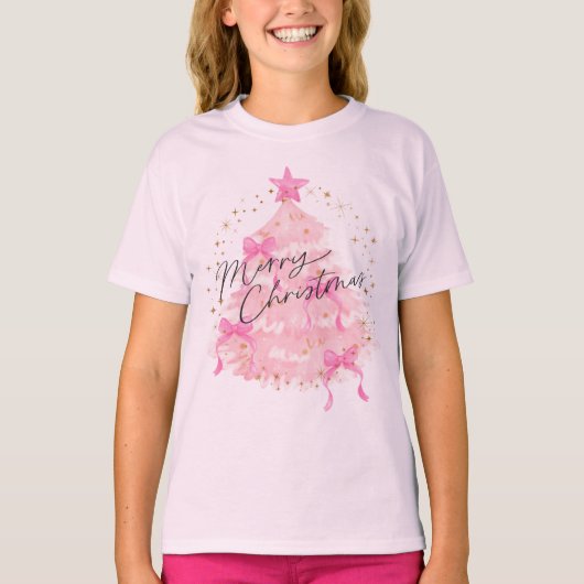 Cute Pink Watercolor Christmas Tree Girls Holiday  Tシャツ (正面)