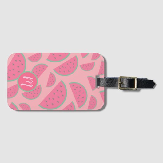 Cute Pink Watermelon Pattern Monogram ラゲッジタグ (正面横)