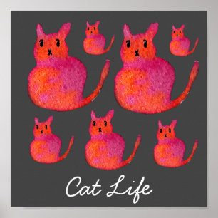 Cute pink whimsical cat watercolor illustration ポスター