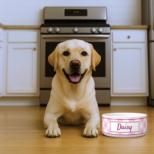 Cute Pink White Gingham Checkered Pattern Name ボウル (クリエイターアップロード済み)