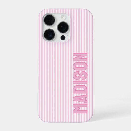 Cute Pink & White Pinstripe Personalized Name iPhoneケース (裏面)
