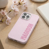 Cute Pink & White Pinstripe Personalized Name iPhoneケース