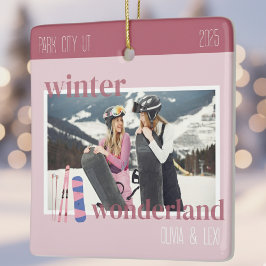 Cute Pink Winter Ski Theme Keepsake Photo  セラミックオーナメント