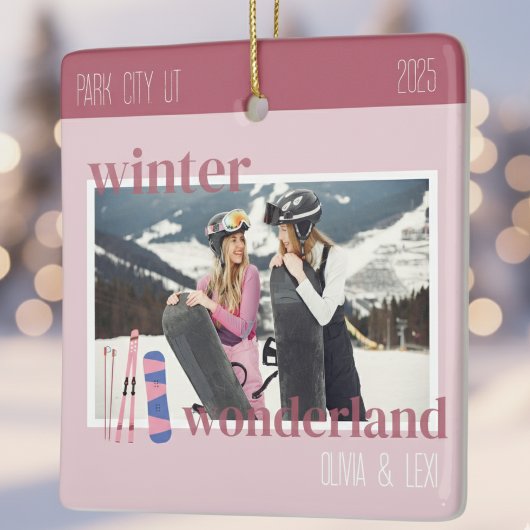 Cute Pink Winter Ski Theme Keepsake Photo  セラミックオーナメント