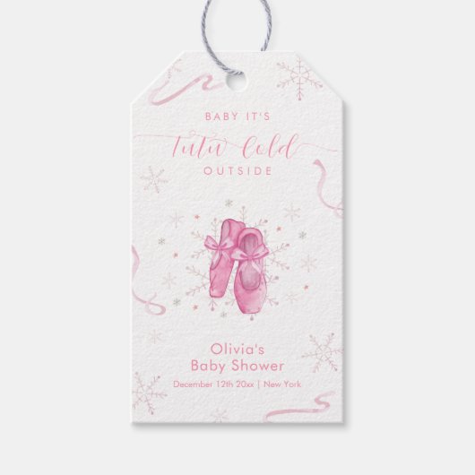 Cute Pink Winter Snowflake Ballerina Baby Shower ギフトタグ (正面)