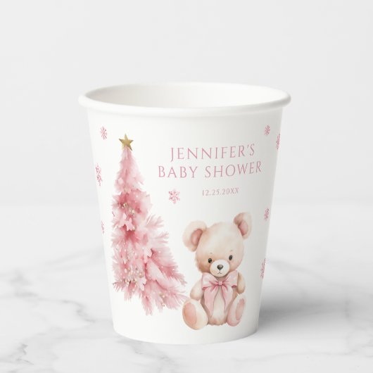 Cute Pink Winter Teddy Bear Bow Baby Girl Shower 紙コップ (正面)