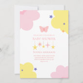 Cute Pink Yellow Cloud Stars Baby Shower  招待状 (正面)