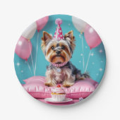 Cute Pink Yorkie Birthday ペーパープレート (正面)