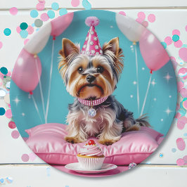 Cute Pink Yorkie Birthday ペーパープレート