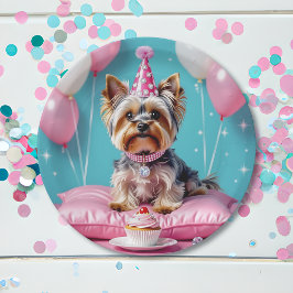 Cute Pink Yorkie Birthday ペーパープレート