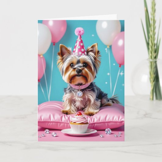 Cute Pink Yorkie Niece's Birthday カード (正面)