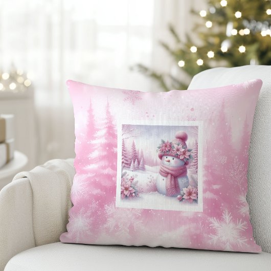 Cute Pinkmas Christmas Scene Snowman Pillow Gift クッション