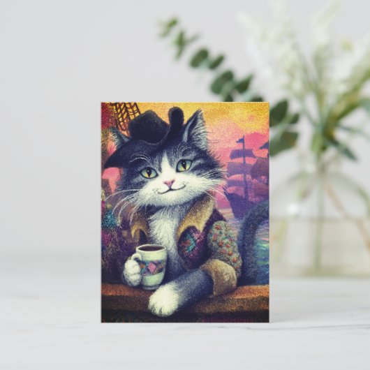 Cute Pirate Cat With a Coffee ポストカード (スタンド正面)