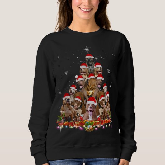 Cute Pitbull Christmas Tree Dog Santa Xmas Tee Fun スウェットシャツ (正面)
