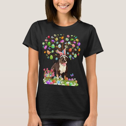 Cute Pitbull Dogs With Bunny Ears Easter Egg Tree  Tシャツ (正面)