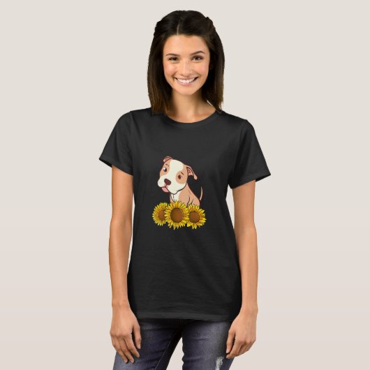 Cute Pitbull Terrier Dog Sunflower Graphic for Wom Tシャツ (正面フル)