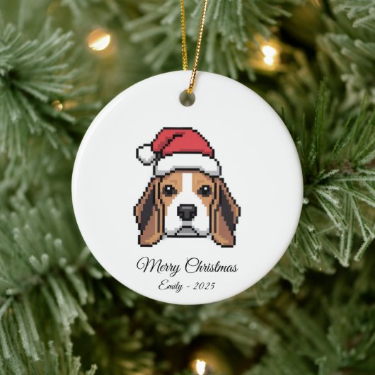 Cute Pixel Art Beagle Dog Santa Hat Christmas Gift セラミックオーナメント (ツリー)