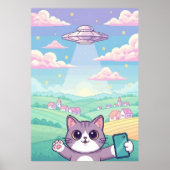 Cute Pixel Art Cat with UFO in Pastel Sky Kawaii ポスター (正面)