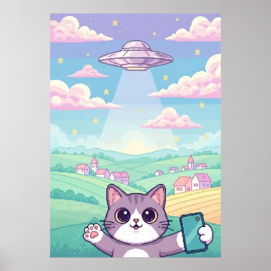 Cute Pixel Art Cat with UFO in Pastel Sky Kawaii ポスター (正面)