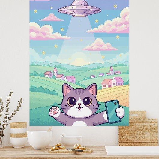 Cute Pixel Art Cat with UFO in Pastel Sky Kawaii ポスター (キッチン)