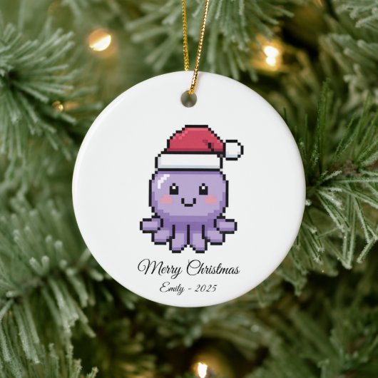 Cute Pixel Art Octopus Santa Hat Christmas Gift セラミックオーナメント (ツリー)