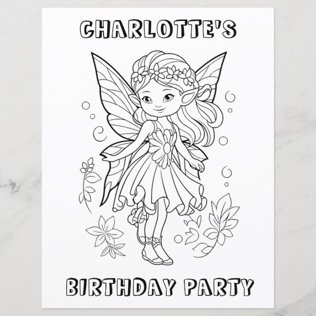 Cute pixie fairy birthday party coloring activity  (正面)