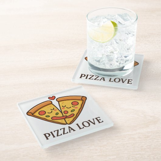 Cute Pizza Love Sticker ガラスコースター (アングル)