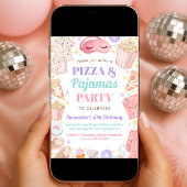 Cute Pizza & Pajamas Slumber Party Girl Birthday 招待状